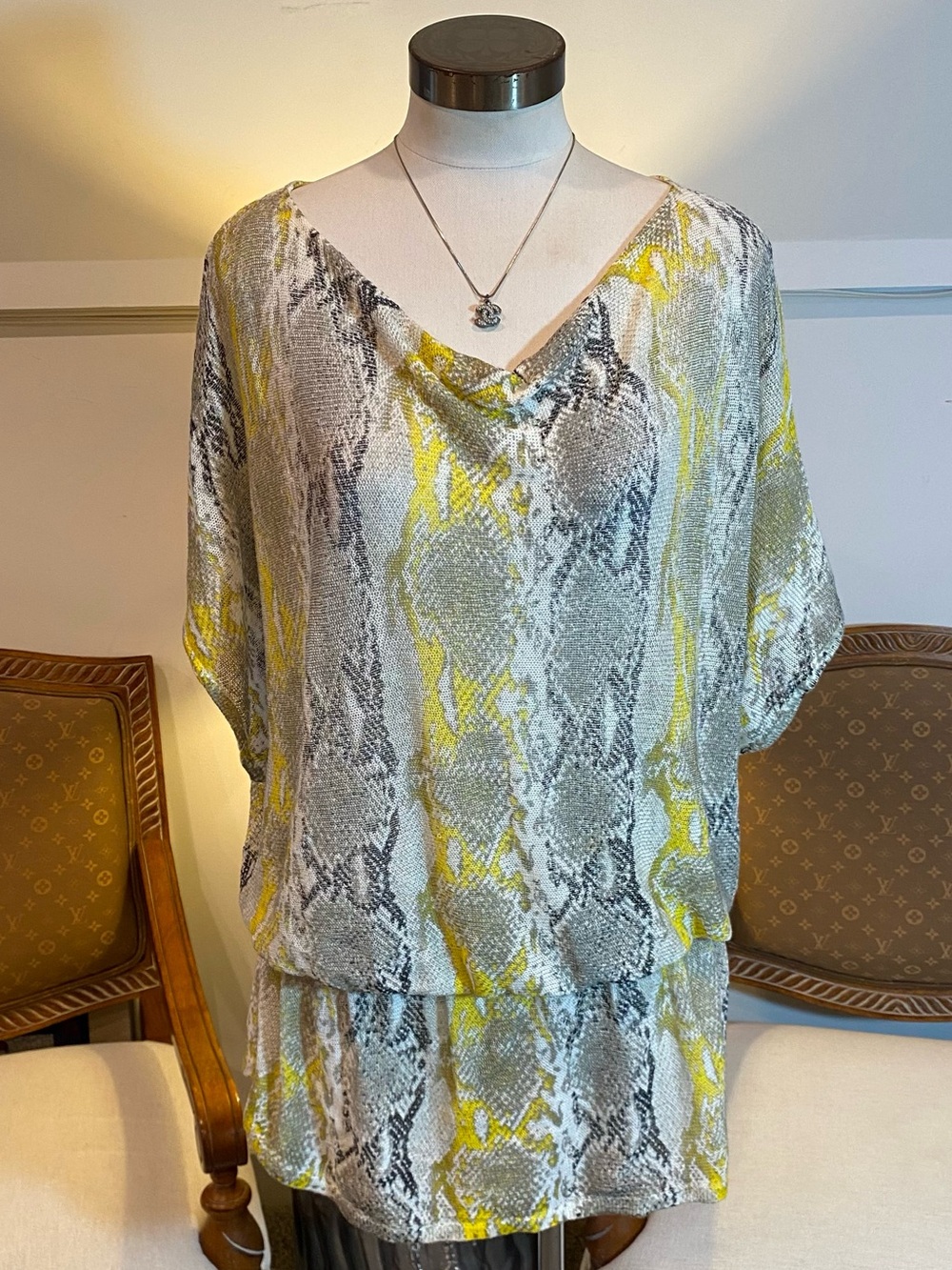 Vintage Cache Yellow Snake-Print Draped Knit Linen V-Neck Mini Dress